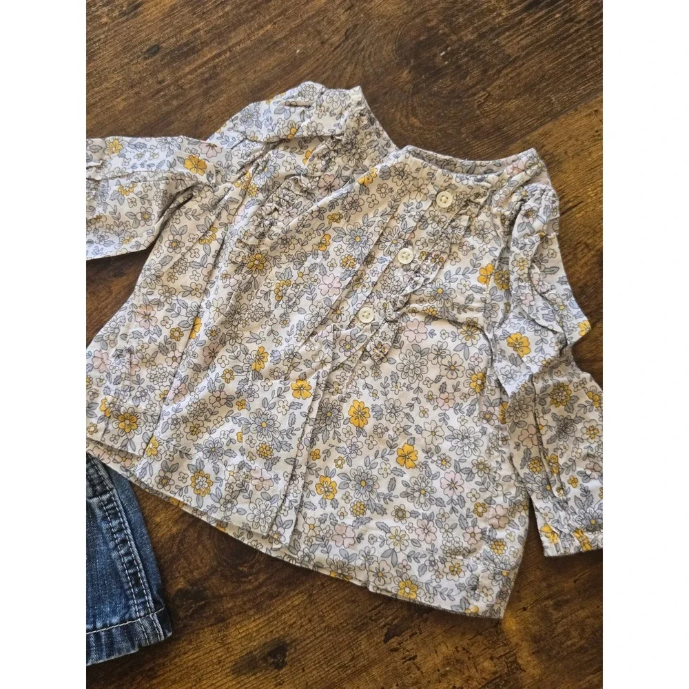 Vtg Old Navy Denim Overall Dress & babyGap Floral Blouse‎ Set 3-6 Mos Blue White